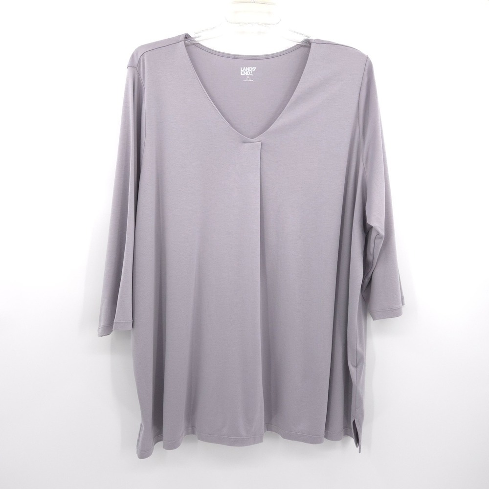 Lands' End womens pleat front tunic top Size 3X gray‎ 3/4 sleeve stretch V-neck